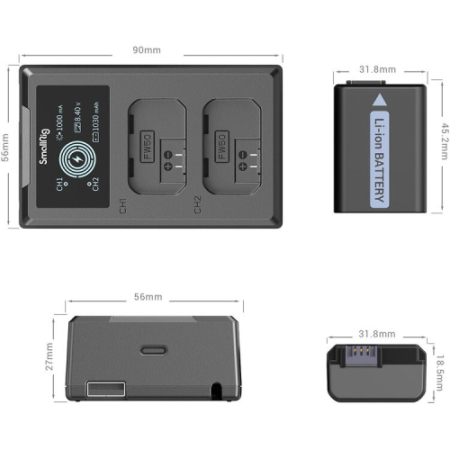 SmallRig 3818 - zestaw ładowarki i dwóch akumulatorów Sony NP-FW50 - wymiary